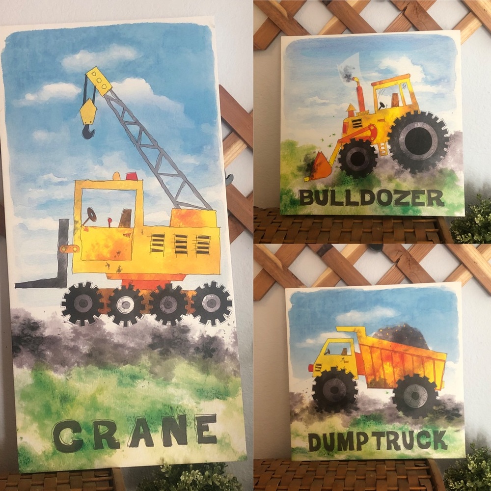 Set of Three Large Construction Vehicle Canvases For Boys Bedroom